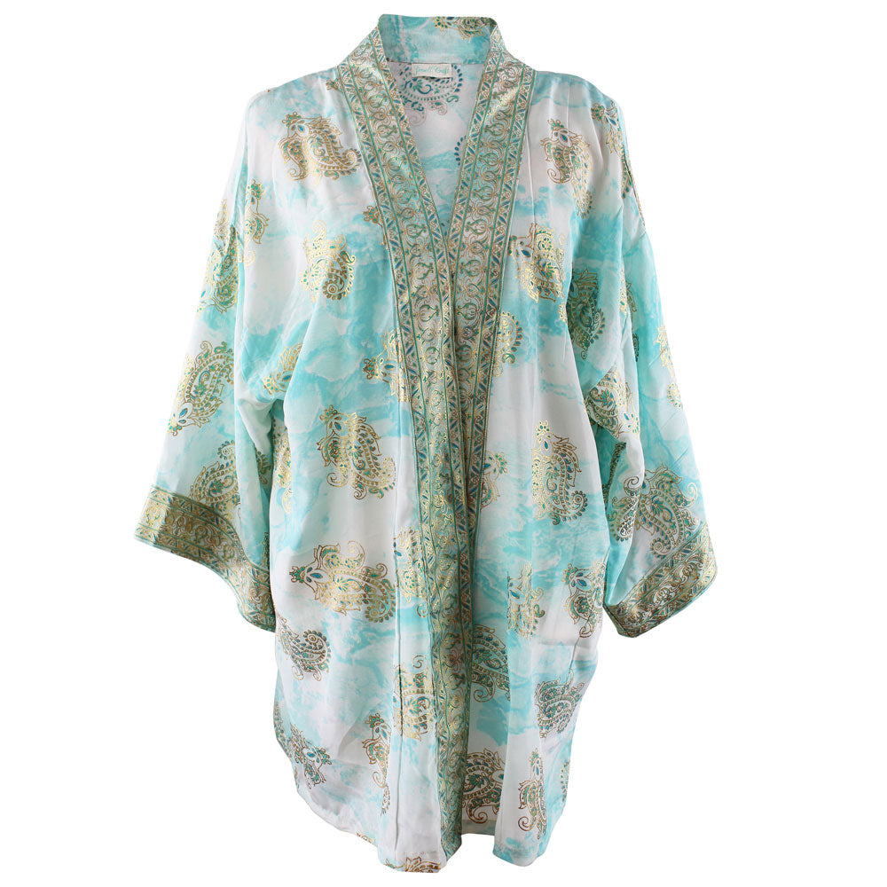 Turquoise Marble With Gold Paisley Blocks Viscose Summer Jacket