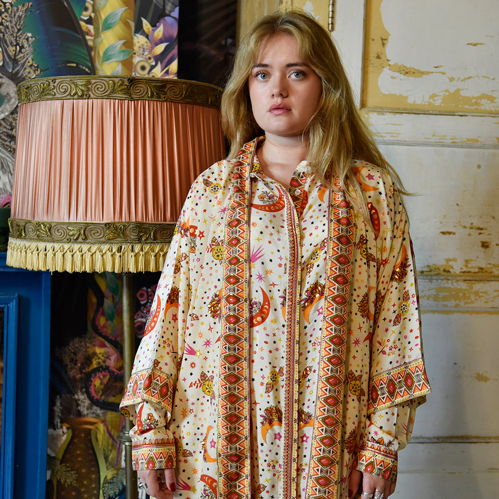 Cream, Orange & Pink Moon & Stars Print Viscose Summer Jacket