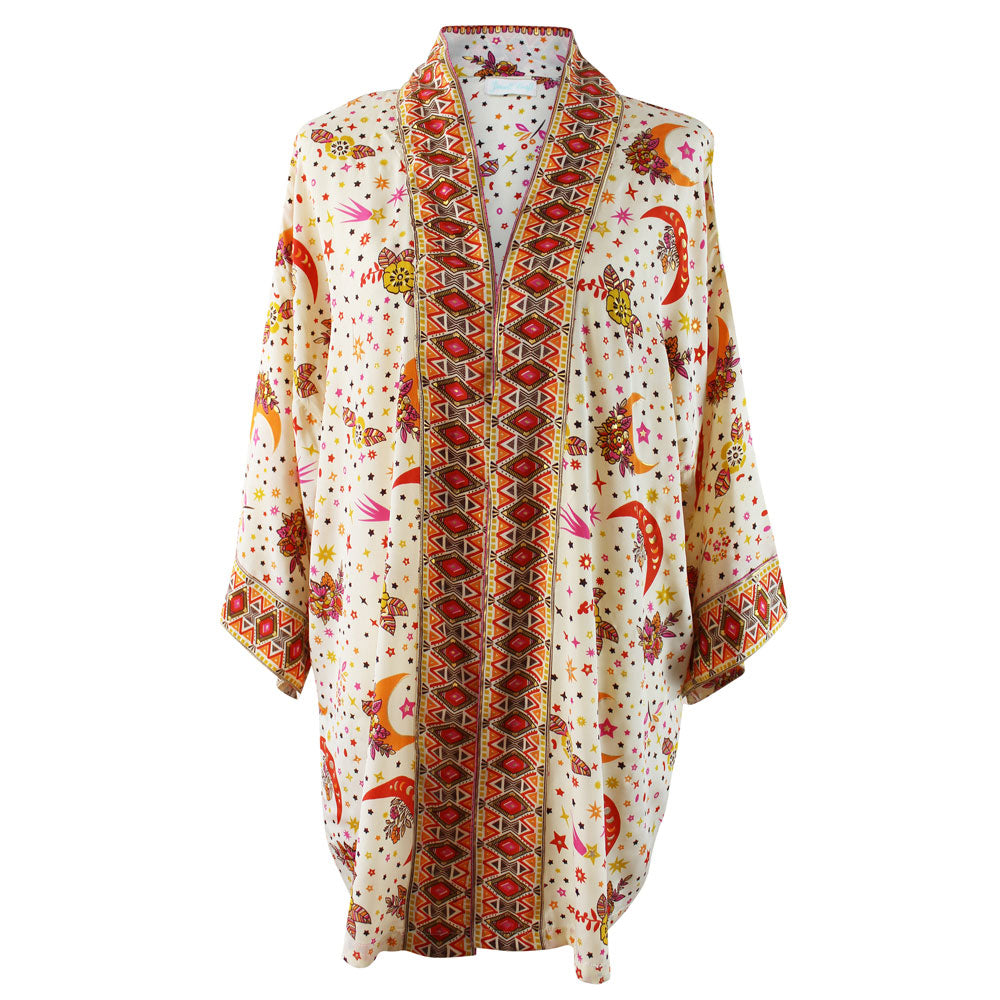Cream, Orange & Pink Moon & Stars Print Viscose Summer Jacket
