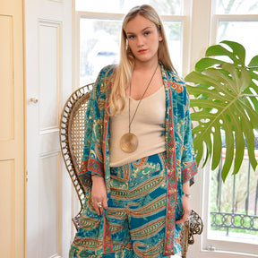 Turquoise, Orange & Pink Print Long Viscose Summer Jacket