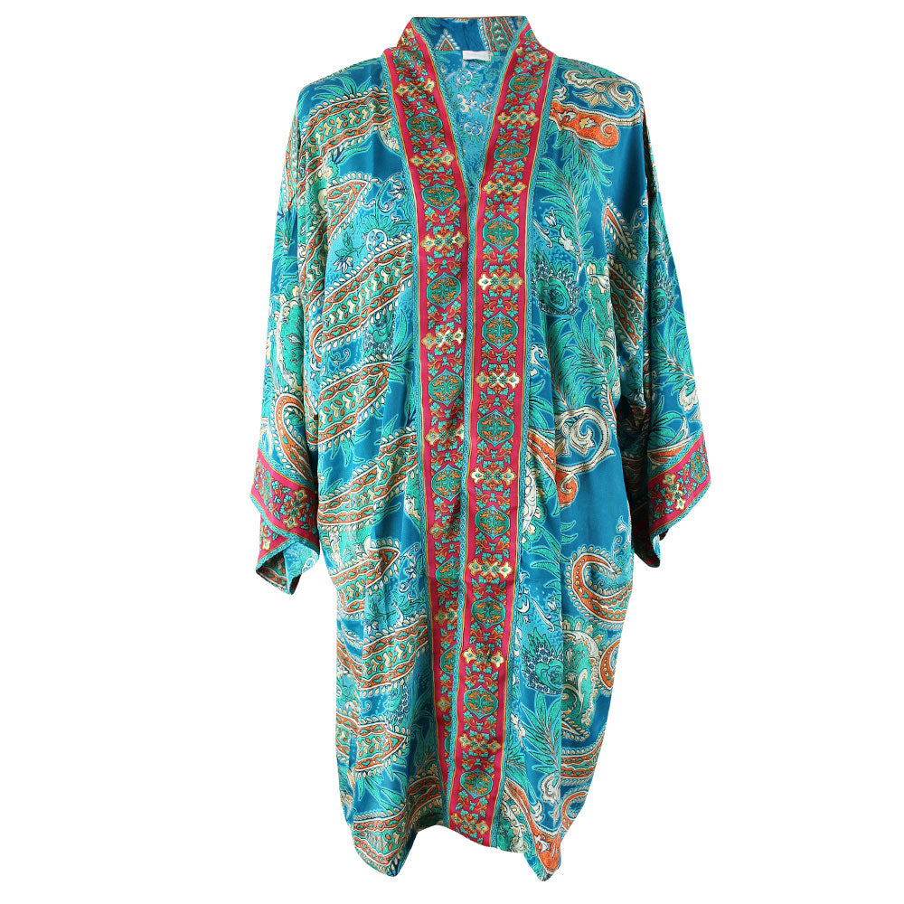 Turquoise, Orange & Pink Print Long Viscose Summer Jacket