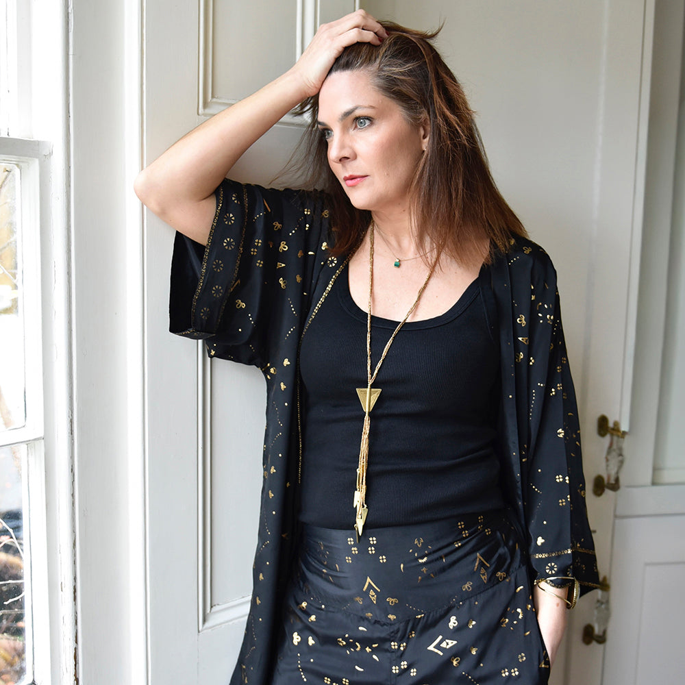 Black & Gold Small Geo Print Long Viscose Summer Jacket