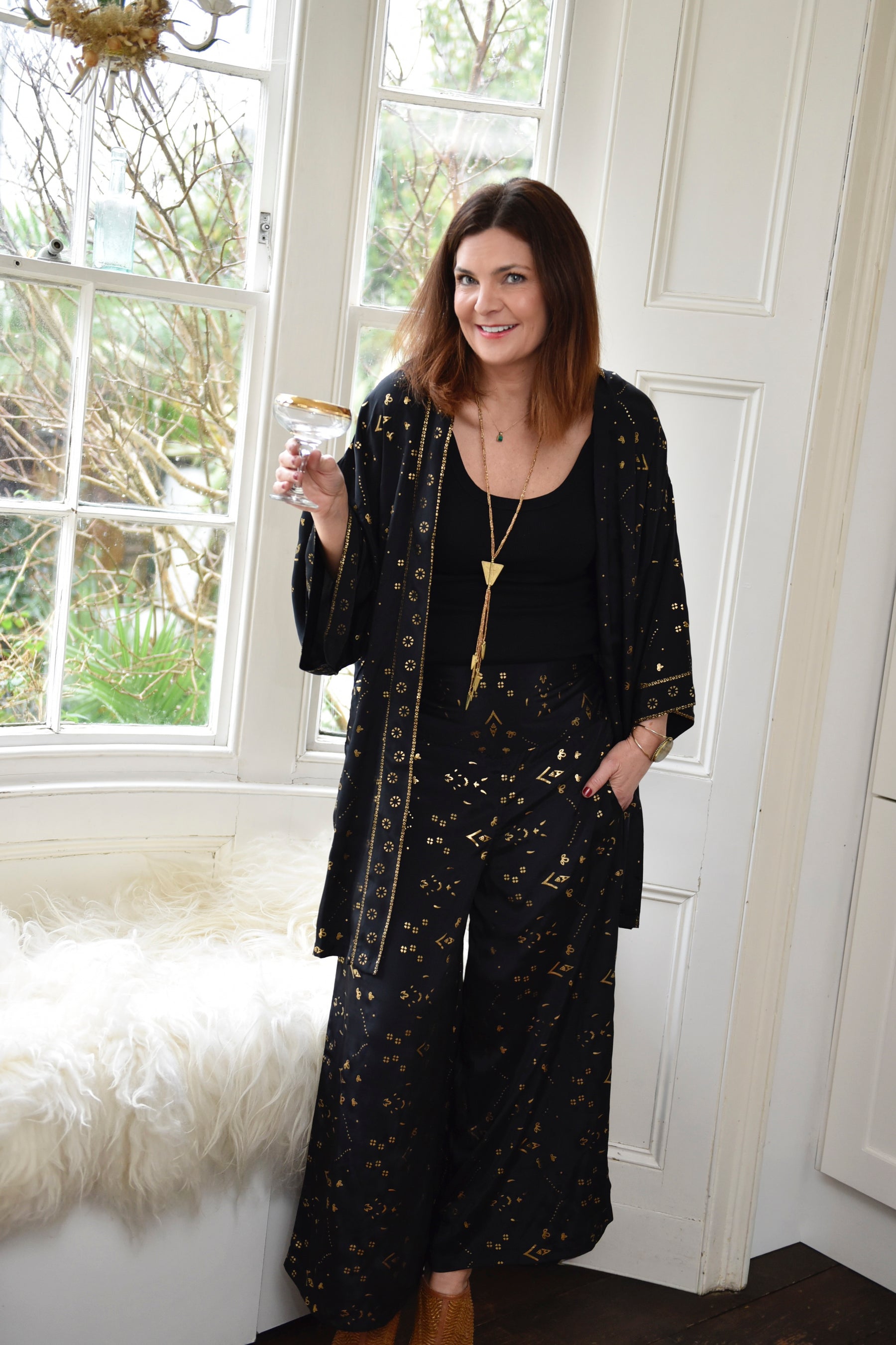 Black & Gold Small Geo Print Long Viscose Summer Jacket