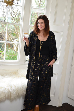 Black & Gold Small Geo Print Long Viscose Summer Jacket