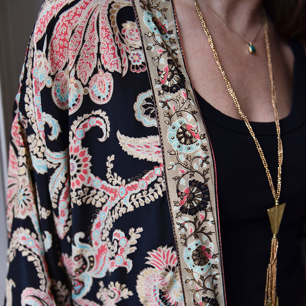 Black, Rose & Gold Baroque Floral Print Long Viscose Summer Jacket