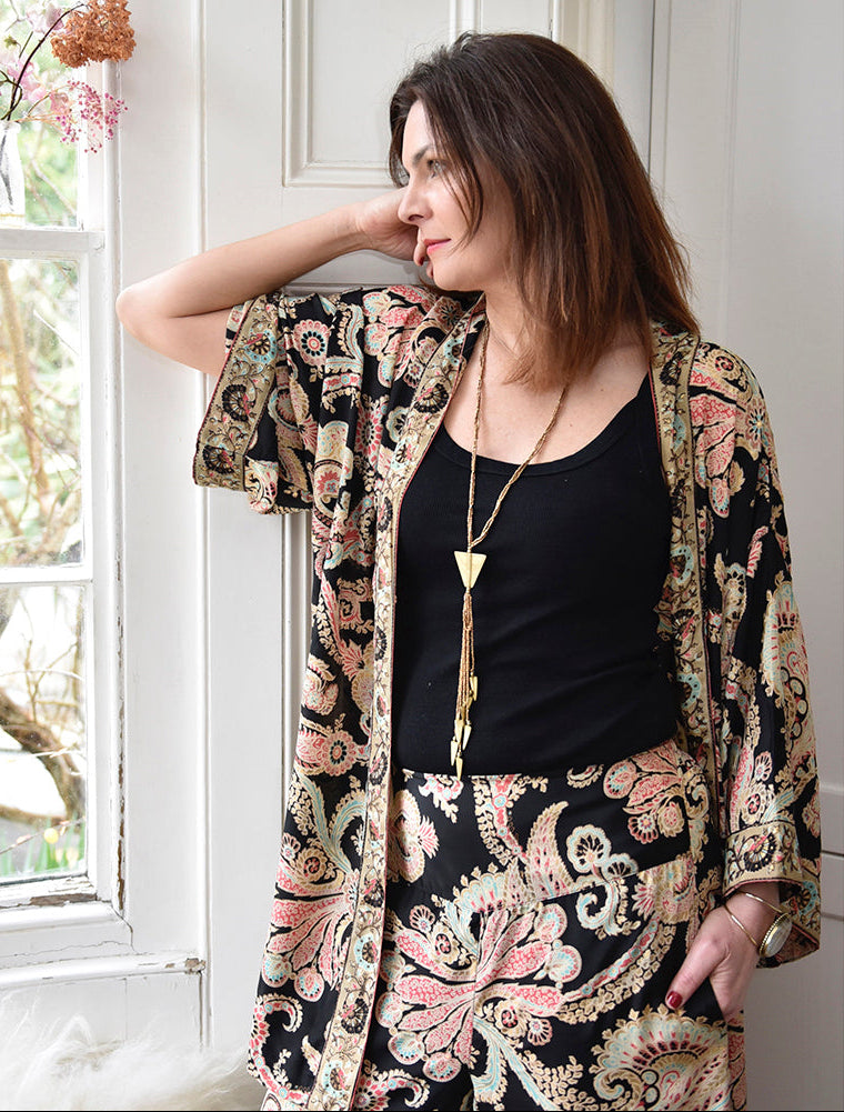 Black, Rose & Gold Baroque Floral Print Long Viscose Summer Jacket