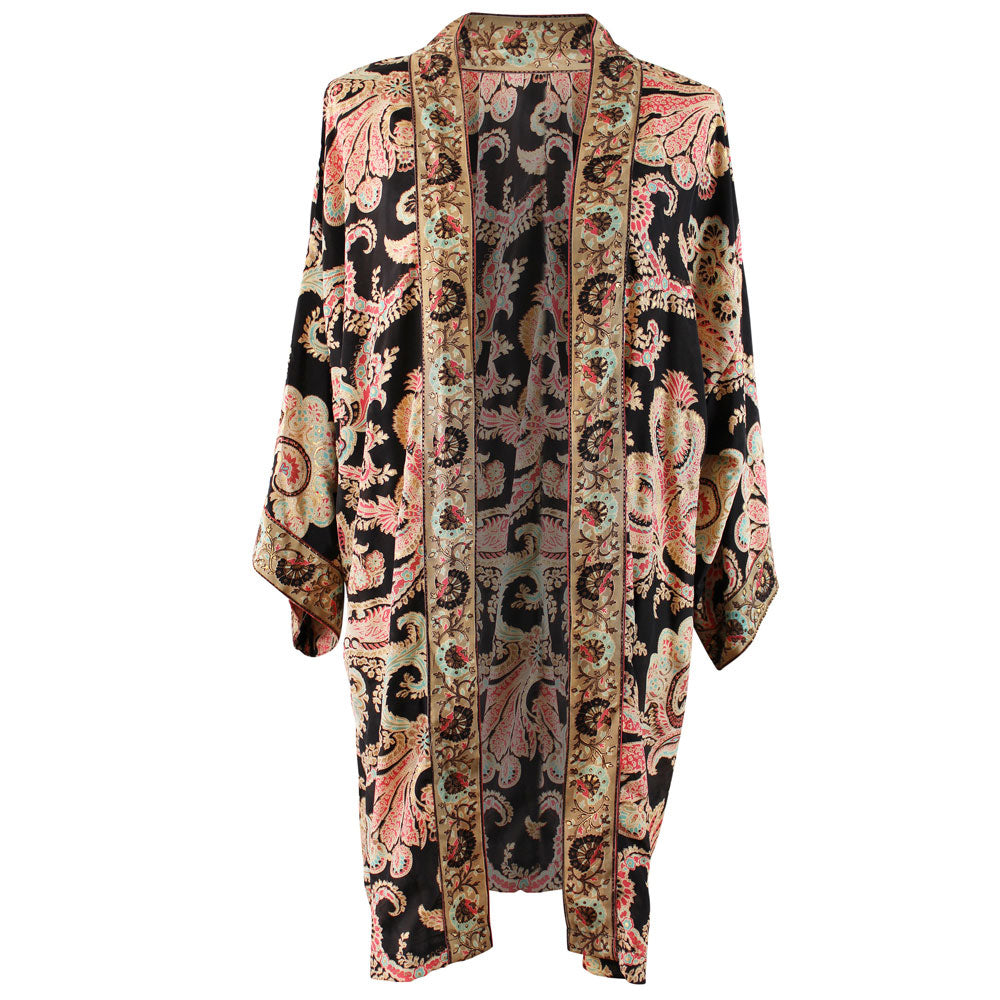 Black, Rose & Gold Baroque Floral Print Long Viscose Summer Jacket