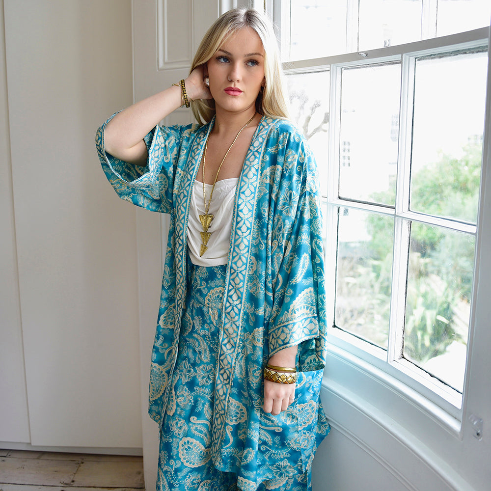 Sea Green & White Paisley Print Long Print Long Viscose Summer Jacket