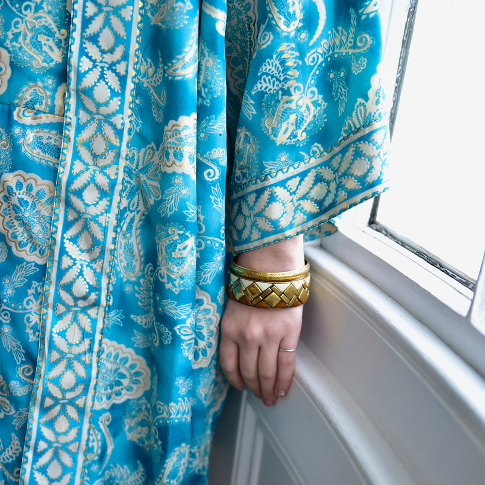 Sea Green & White Paisley Print Long Print Long Viscose Summer Jacket