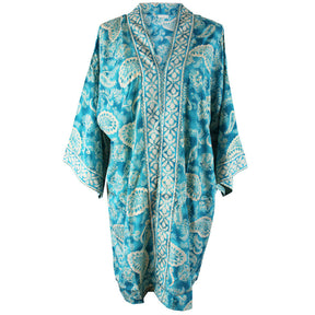 Sea Green & White Paisley Print Long Print Long Viscose Summer Jacket