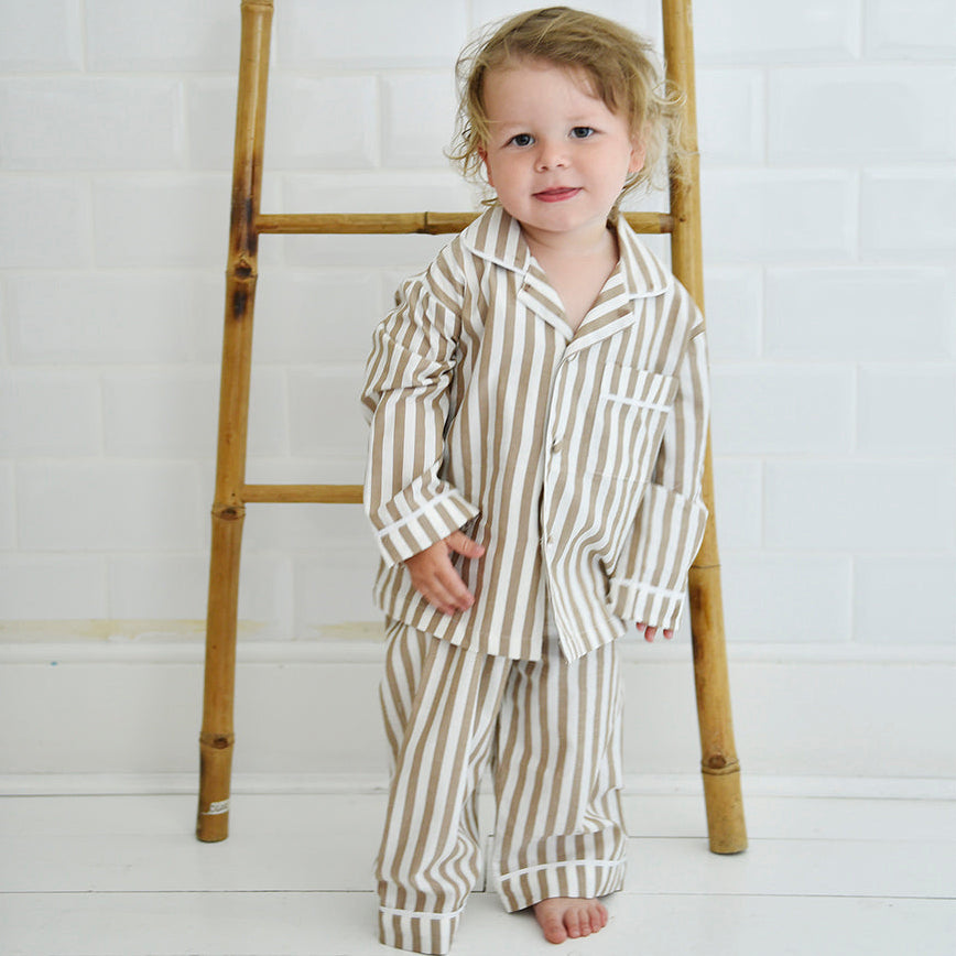 Samuel, Tan & White Stripe Boys Traditional Cotton Pyjamas