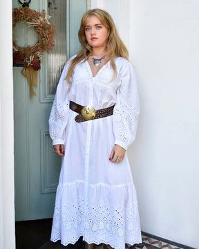 Clarissa, Embroidered, Long Sleeve , V Neck, Button Down Cotton Nightdress