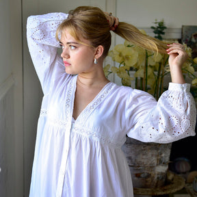 Clarissa, Embroidered, Long Sleeve , V Neck, Button Down Cotton Nightdress