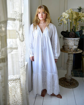 Clarissa, Embroidered, Long Sleeve , V Neck, Button Down Cotton Nightdress