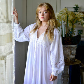 Clarissa, Embroidered, Long Sleeve , V Neck, Button Down Cotton Nightdress