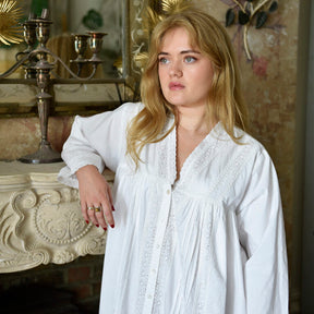 Claudia, Long Sleeve Housecoat, Embroidered Hem & V Neck Cotton Nightdress
