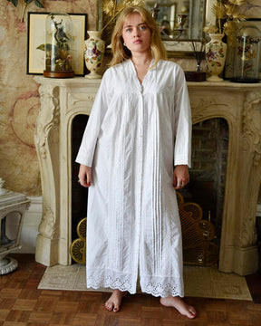 Claudia, Long Sleeve Housecoat, Embroidered Hem & V Neck Cotton Nightdress
