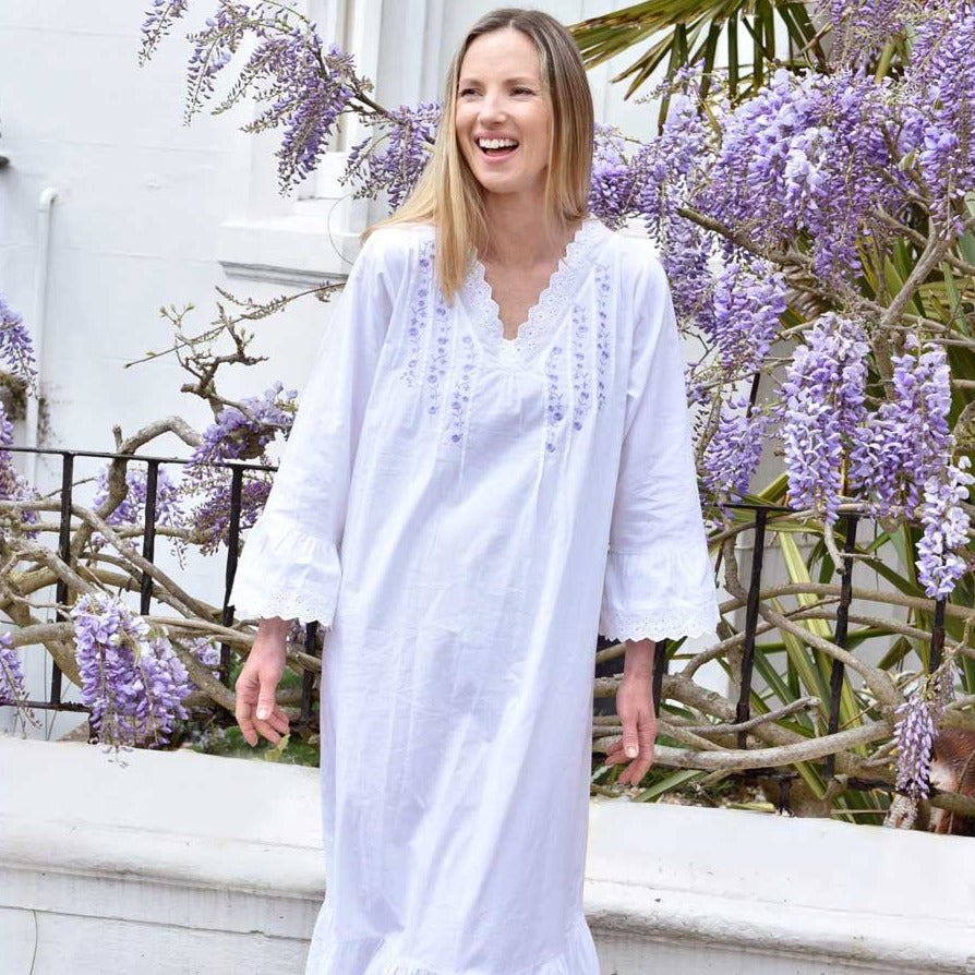 Eloise V Neck 3/4 Length Sleeve Nightdress With Lilac Embroidery