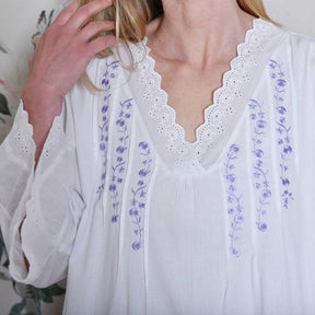 Eloise V Neck 3/4 Length Sleeve Nightdress With Lilac Embroidery