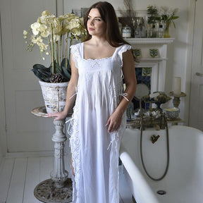 Betty, White Sleeveless Cotton Nightdress With Side Ties