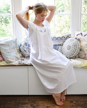 Sally, Frilled Sleeveless V Neck Lavender Embroidered Nightdress