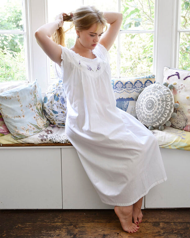 Sally, Frilled Sleeveless V Neck Lavender Embroidered Nightdress