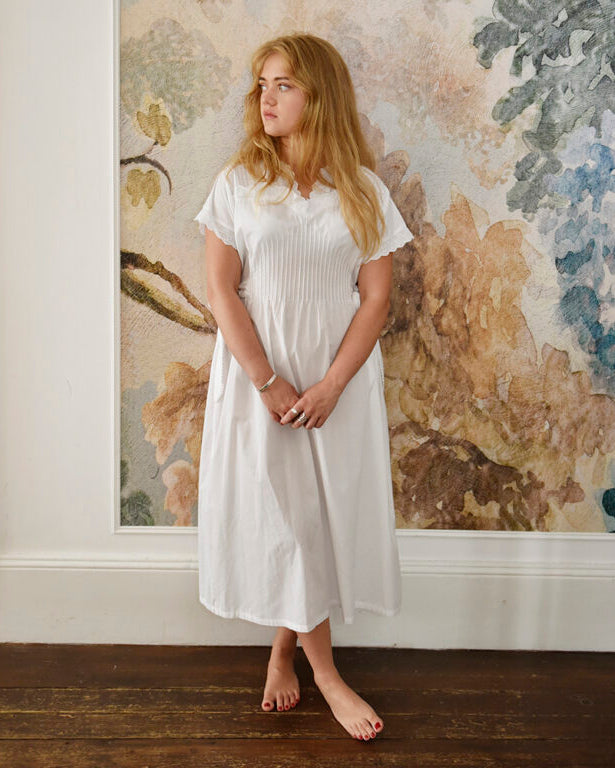 Ada, Short Sleeve Sweetheart Neck With Side Ties & Pin Tucking Cotton Nightdress