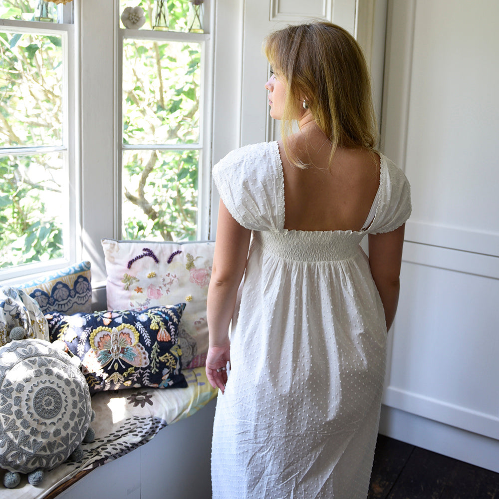 Maud, Capped Sleeve Swiss Dot Cotton Nightdress With Lace Panel