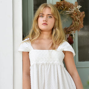 Maud, Capped Sleeve Swiss Dot Cotton Nightdress With Lace Panel