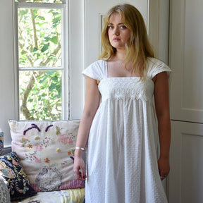 Maud, Capped Sleeve Swiss Dot Cotton Nightdress With Lace Panel