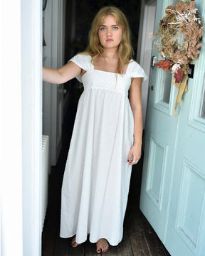 Maud, Capped Sleeve Swiss Dot Cotton Nightdress With Lace Panel