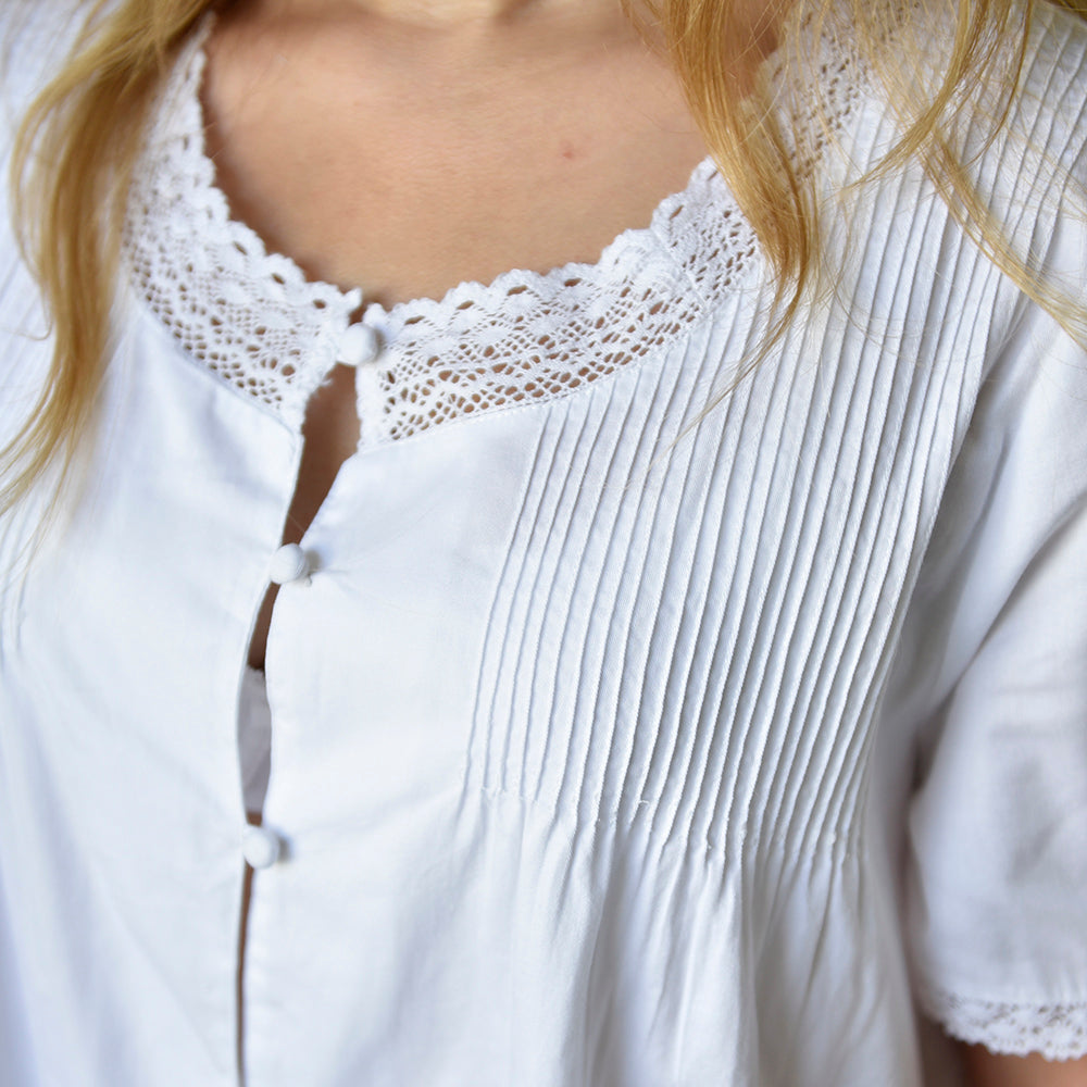 Sadie, Round Neck Button Down Cotton Nightdress With Short Sleeves