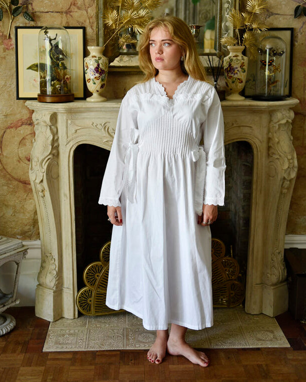 Virginia, Long Sleeve Sweet Heart Neck With Side Ties & Pin Tucking Cotton Nightdress