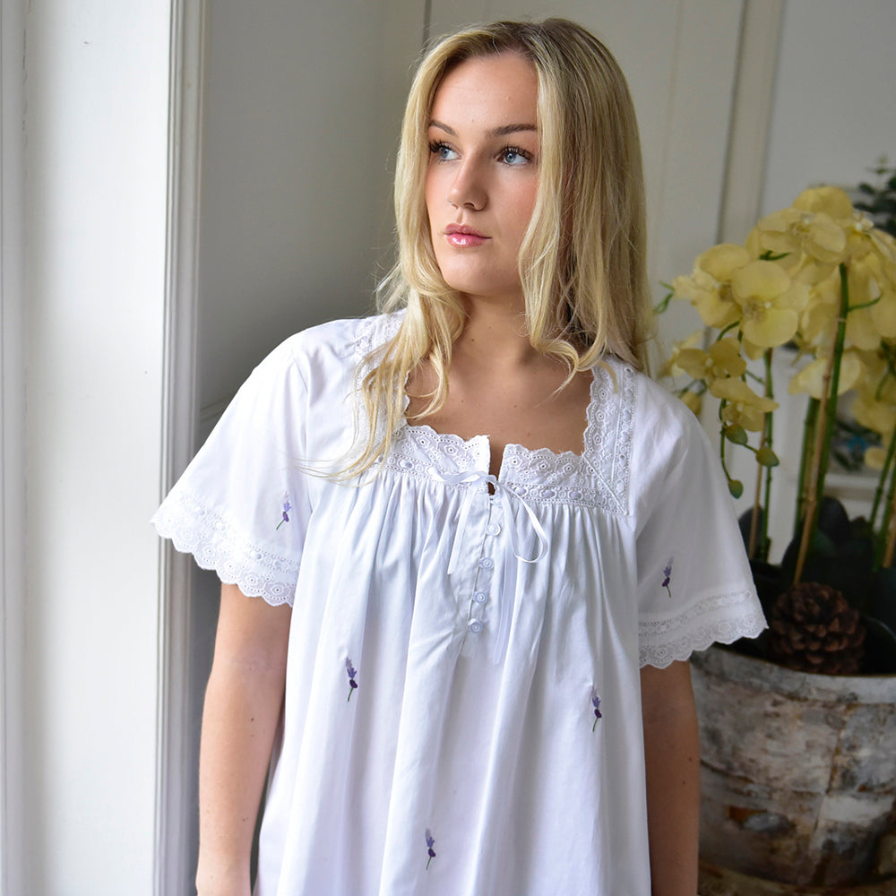 Flora, Square Neck Short Sleeve Cotton Nightdress With Lavender Sprig Embroidery