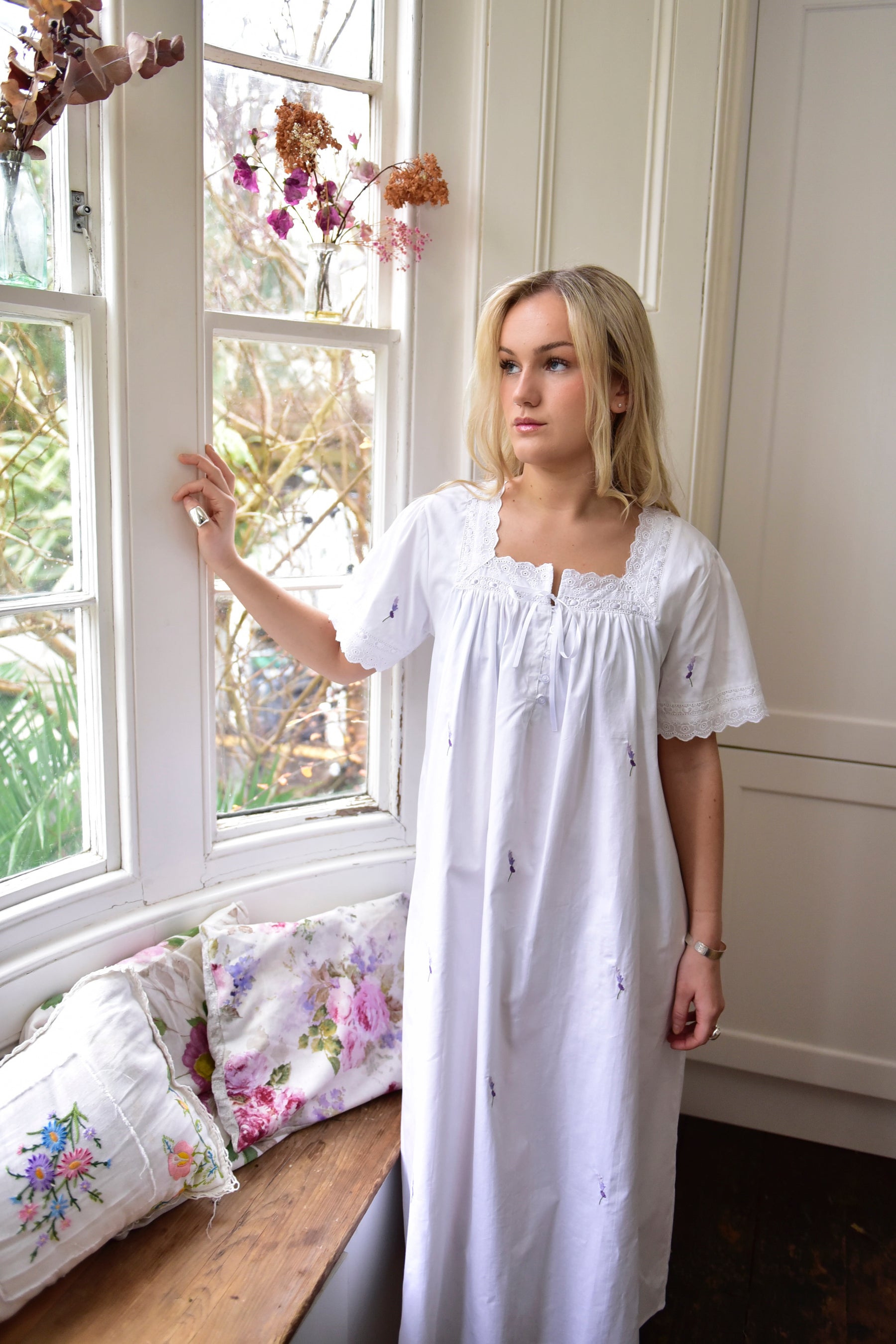 Flora, Square Neck Short Sleeve Cotton Nightdress With Lavender Sprig Embroidery