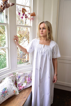 Flora, Square Neck Short Sleeve Cotton Nightdress With Lavender Sprig Embroidery