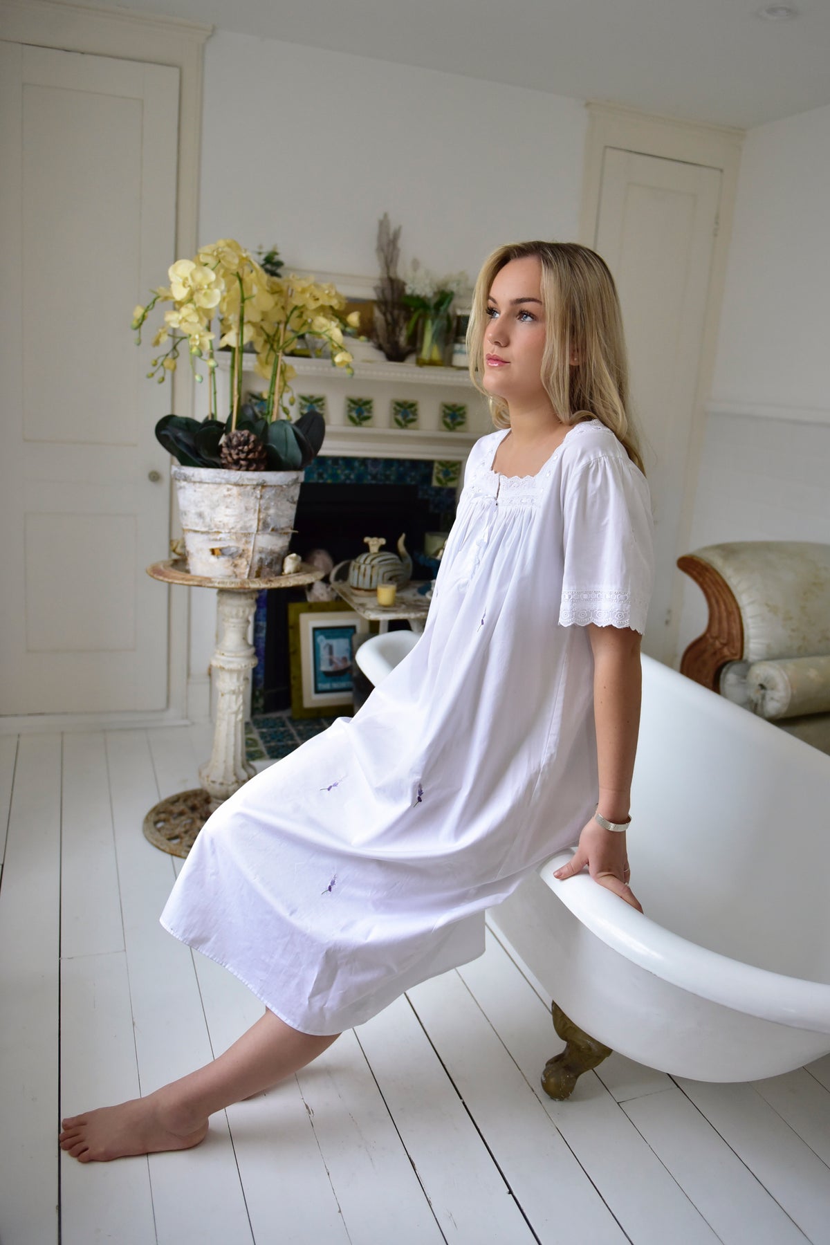 Flora, Square Neck Short Sleeve Cotton Nightdress With Lavender Sprig Embroidery