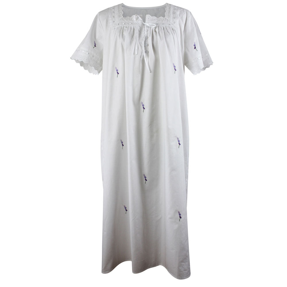 Flora, Square Neck Short Sleeve Cotton Nightdress With Lavender Sprig Embroidery