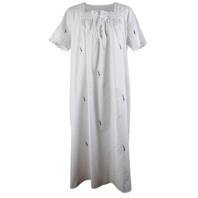 Flora, Square Neck Short Sleeve Cotton Nightdress With Lavender Sprig Embroidery