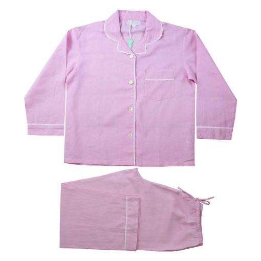 Pink Linen Ladies Pyjamas With White Piping