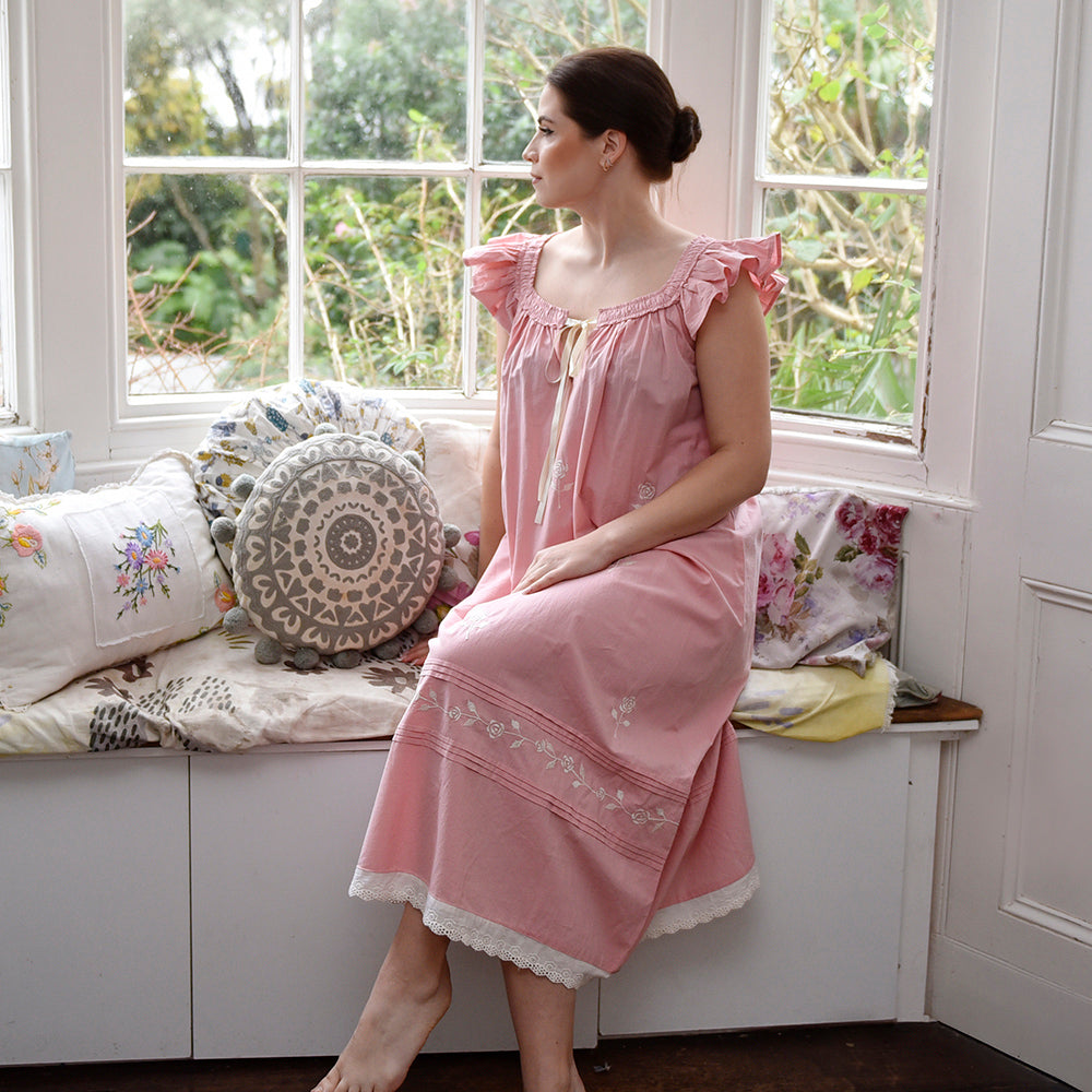 Margo, Pink Frilly Cap Sleeve Cotton Nightdress With Rose Embroidery