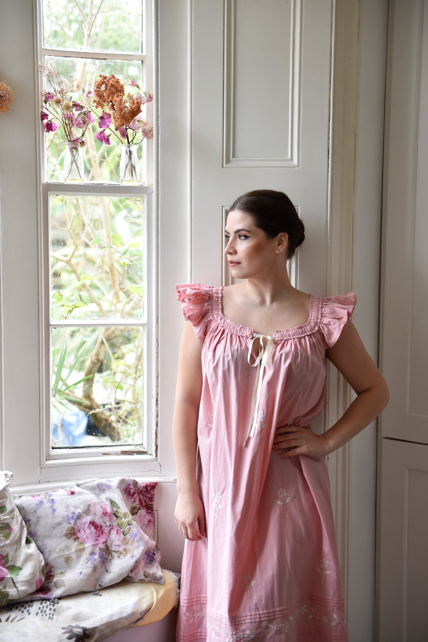 Margo, Pink Frilly Cap Sleeve Cotton Nightdress With Rose Embroidery