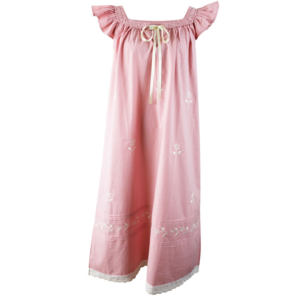 Margo, Pink Frilly Cap Sleeve Cotton Nightdress With Rose Embroidery