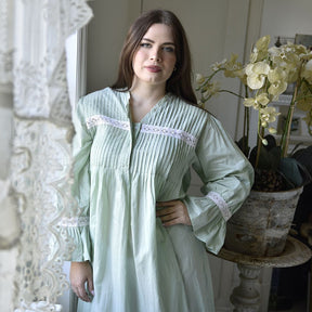 Anna - Green Long Sleeved Cotton Nightdress With Pin Tucking