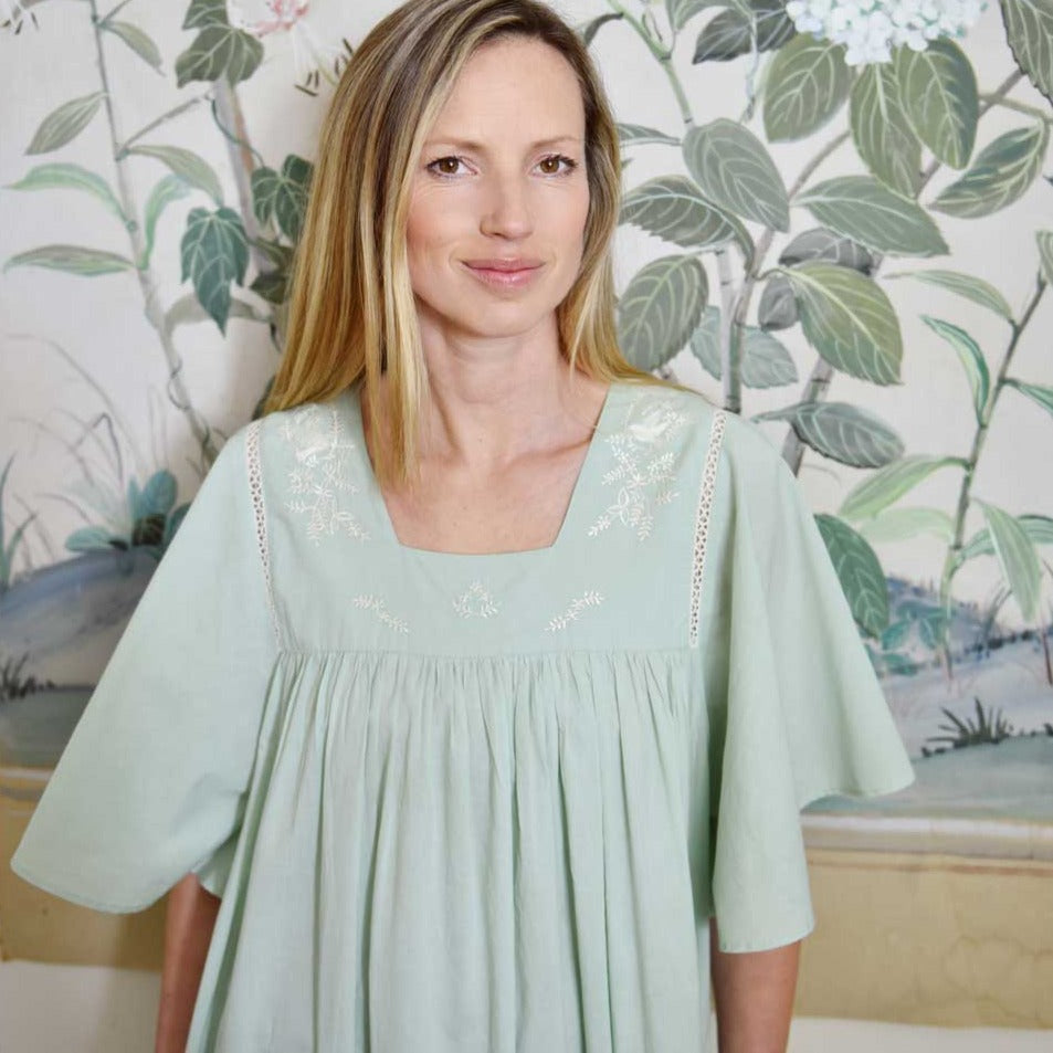 Green Valentina Square Neck Embroidered Nightdress