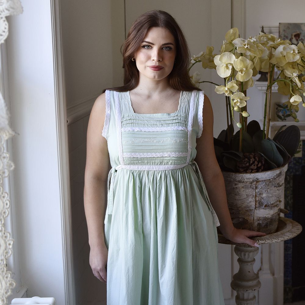 Lorna, Green Sleeveless Cotton Nightdress With Side Ties 