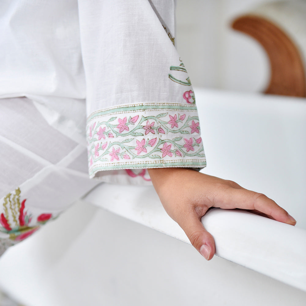 Pink & Mint Green Block Print Pyjamas Sleeve Detail