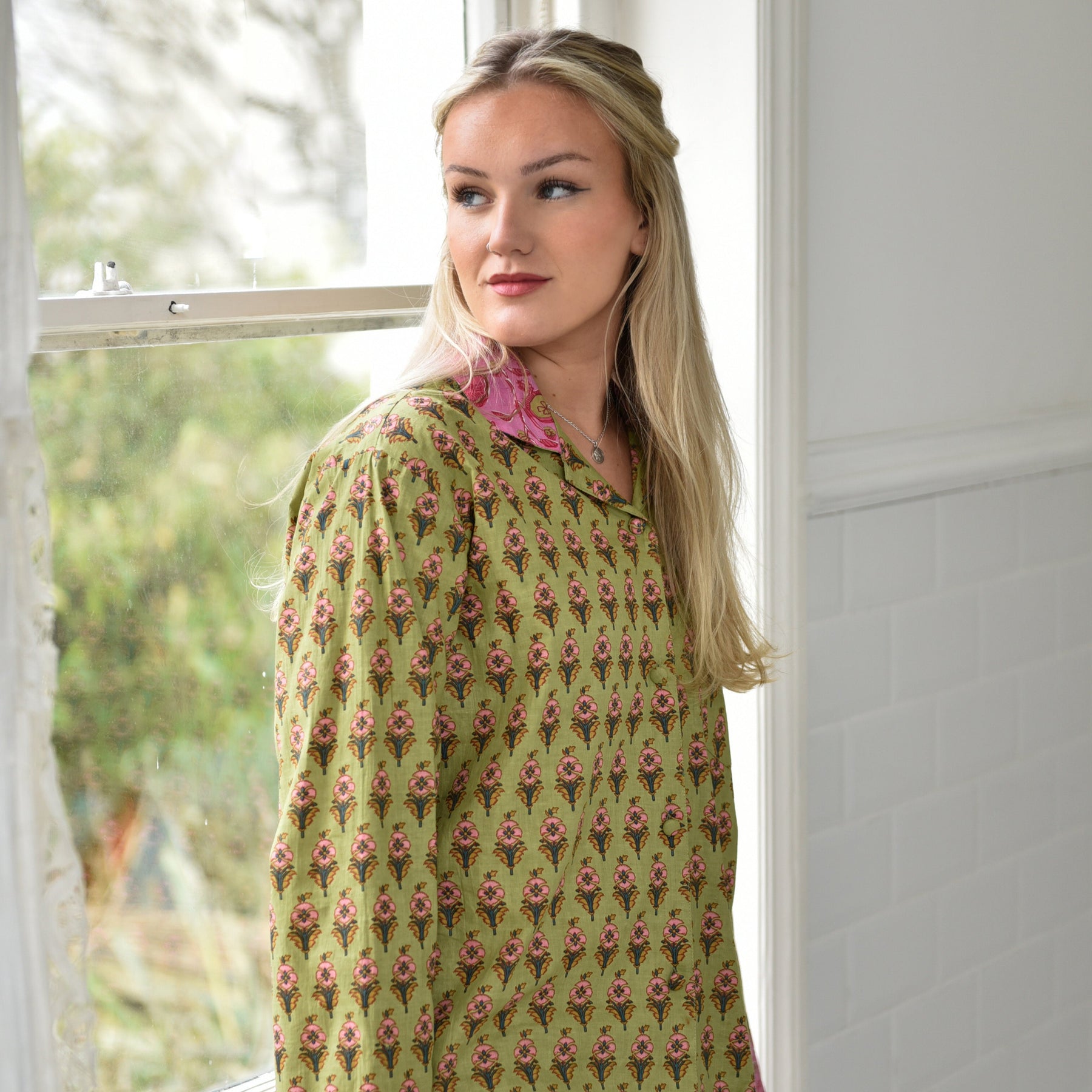 Lime Green & Pink Small Block Print Women’s Pyjamas