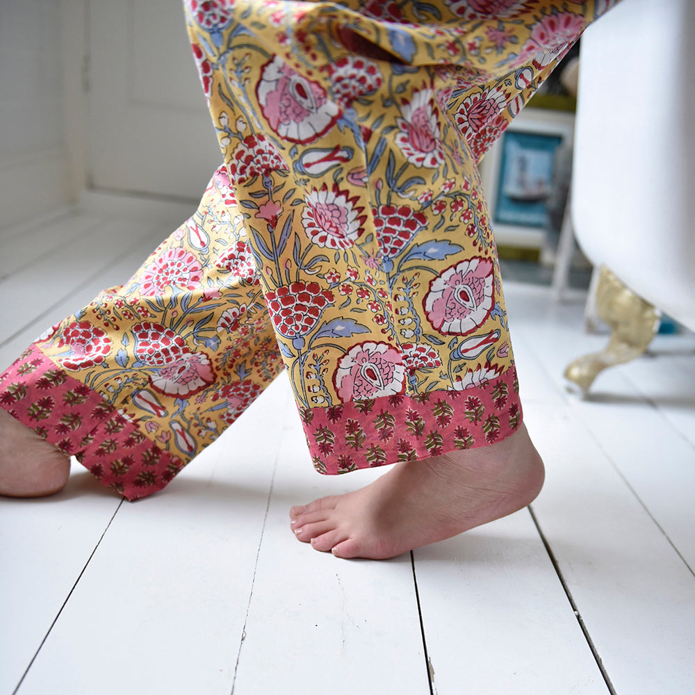 Yellow & Pink Carnation Print Pyjamas