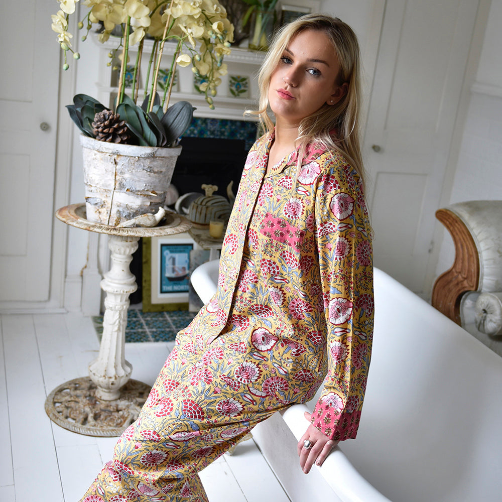 Yellow & Pink Carnation Print Pyjamas